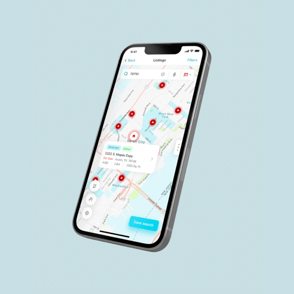 A mobile phone with an app showing a city map.
